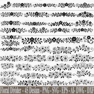 Op de afbeelding: Een verzameling van 45 zwarte bloemenverdelers. De ontwerpen omvatten verschillende bloemen- en bladpatronen, zoals rozen, madeliefjes en andere gestileerde bloemen. De tekst "Floral Divider - 45 Design - PNG - SVG - EPS - AI- DWG - DXF" staat onderaan.