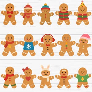 Pode incluir: Doze bonecos de gengibre sorridentes, adornados com acessórios festivos como chapéus, cachecóis e laços. O fundo é uma superfície de madeira branca, criando um ambiente alegre e sazonal.