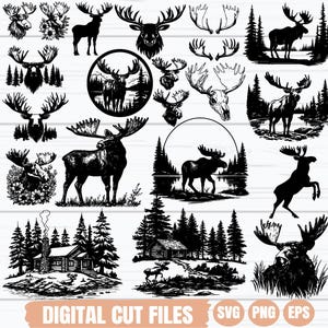 Mountain moose SVG, Woodland silhouette SVG, Wilderness SVG, Moose in the woods, Forest animals silhouette Svg, Forest Landscape, Digital