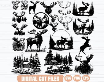 Mountain moose SVG, Woodland silhouette SVG, Wilderness SVG, Moose in the woods, Forest animals silhouette Svg, Forest Landscape, Digital