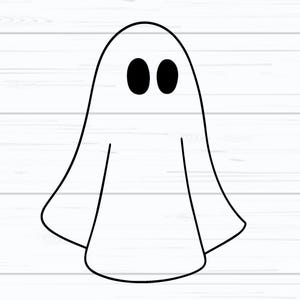 May include: A simple black and white illustration of a ghost. The ghost has a rounded top, two oval eyes, and a flowing sheet-like body with outstretched arms. The background is a white wood grain.