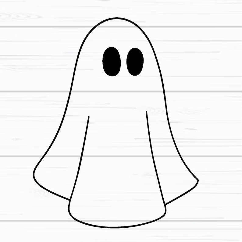 May include: A simple black and white illustration of a ghost. The ghost has a rounded top, two oval eyes, and a flowing sheet-like body with outstretched arms. The background is a white wood grain.