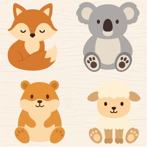 May include: Four cartoon animals: a fox, a koala, a hamster, and a sheep. The fox is orange with a white tail. The koala is gray. The hamster is tan. The sheep is white with tan legs.