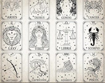 Könnte beinhalten: Ein Set mit 12 Schwarz-Weiß-Tarotkarten mit den Tierkreiszeichen. Jede Karte hat einen schwarzen Rand und einen weißen Hintergrund mit Sternen. Die Karten sind in einem Raster von vier Reihen und drei Spalten angeordnet. Die Zeichen sind Widder, Stier, Zwillinge, Krebs, Löwe, Jungfrau, Waage, Skorpion, Schütze, Steinbock, Wassermann und Fische.