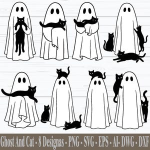 Ghost And Black Cat SVG, Cute Halloween SVG, Boo SVG, Spooky Black Cat svg, Funny Ghost Clipart, Files for Cricut, Silhouette File, Vectors