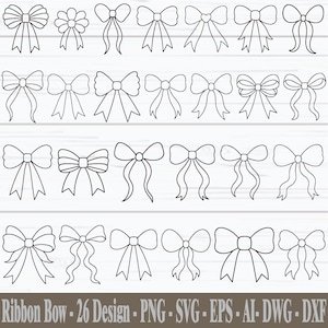 Puede incluir: Una colección de 26 diseños de lazos de cinta delineados en blanco y negro. Los lazos presentan diferentes formas y estilos de cintas. El texto en la parte inferior dice "Ribbon Bow - 26 Design - PNG - SVG - EPS - AI - DWG - DXF".