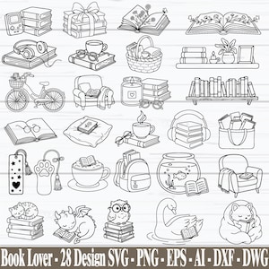 May include: Black and white line art illustrations of various book-related items. Includes stacks of books, open books with floral accents, reading glasses, coffee cups, headphones, a bicycle, a fishbowl, and a cat reading. Text at the bottom reads "Book Lover - 28 Design SVG - PNG - EPS - AI - DXF - DWG".