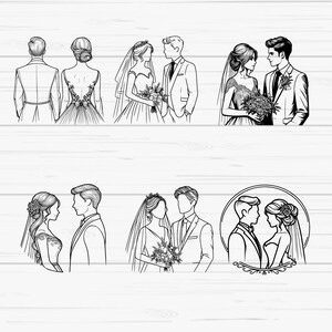 May include: A set of six black and white line drawings of wedding couples. The drawings are in various poses, including the couple standing side-by-side, the bride and groom facing each other, and the couple looking at each other.