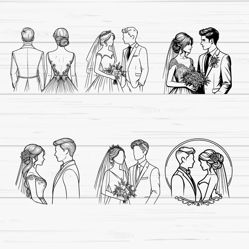 May include: A set of six black and white line drawings of wedding couples. The drawings are in various poses, including the couple standing side-by-side, the bride and groom facing each other, and the couple looking at each other.
