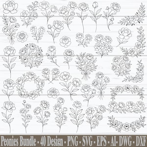 Pode incluir: Ilustrações em preto e branco de flores de peónias e arranjos florais. A imagem inclui flores individuais, bouquets, grinaldas e designs de canto. O texto na parte inferior diz "Peonies Bundle - 40 Design - PNG - SVG - EPS - AI - DWG - DXF."