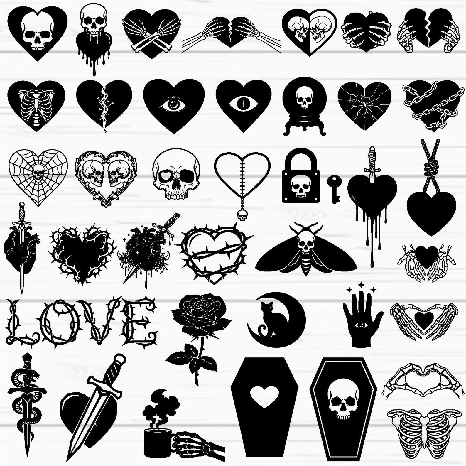 Gothic Heart SVG Bundle, Dark Love Skull Skeleton SVG, Spooky Valentine ...