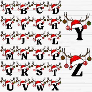 May include: A collection of black letters of the alphabet, each adorned with a red Santa hat and antlers. Decorative Christmas ornaments hang below the antlers. The letters Y and Z are also shown.