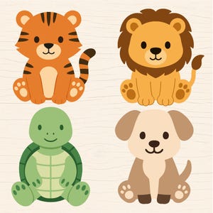 May include: Four cartoon animals: a tiger with orange and black stripes, a lion with a brown mane, a green turtle, and a tan dog. Each animal is sitting with a friendly expression, perfect for children's designs.