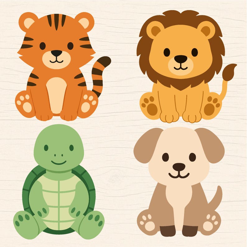 May include: Four cartoon animals: a tiger with orange and black stripes, a lion with a brown mane, a green turtle, and a tan dog. Each animal is sitting with a friendly expression, perfect for children's designs.