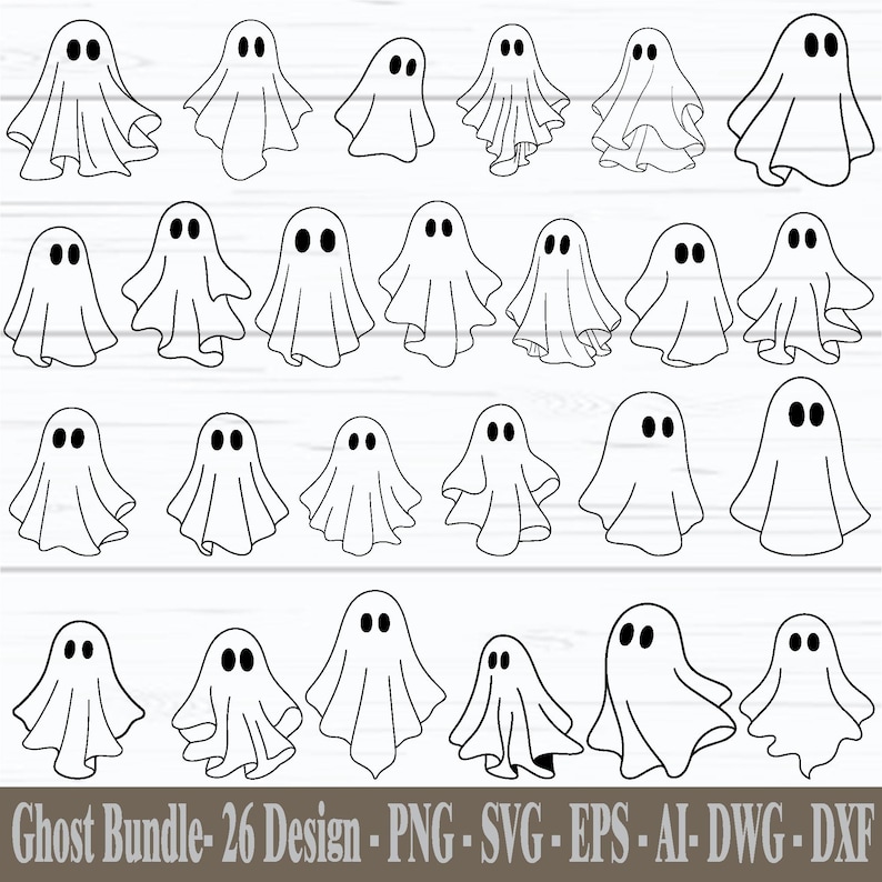 May include: A collection of 26 black and white ghost designs. Each ghost has a simple, rounded shape with two black oval eyes. The ghosts vary in size and pose, with some having flowing fabric. Text at the bottom reads "Ghost Bundle - 26 Design - PNG - SVG - EPS - AI - DWG - DXF."