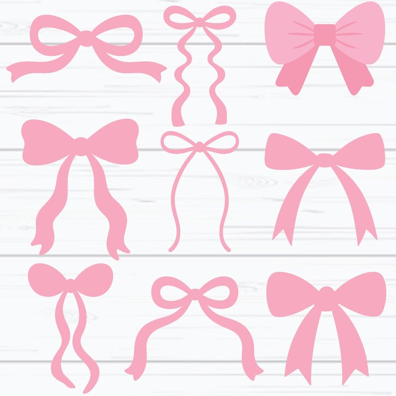 May include: Nine pink ribbon bows in different styles, set against a white wooden backdrop. The bows vary in design, some with long, flowing tails and others with more compact shapes. Ideal for crafting or gift wrapping.