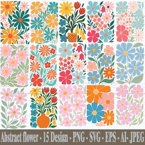 Op de afbeelding: Een verzameling van 15 abstracte bloemmotieven in verschillende kleuren, waaronder oranje, blauw, roze en geel. De ontwerpen tonen verschillende bloemarrangementen en stijlen, met de tekst "Abstract flower - 15 Design - PNG - SVG - EPS - AI - JPEG" onderaan.