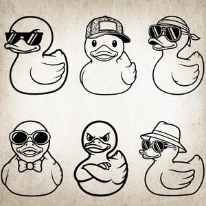 May include: A line drawing of six rubber ducks, each with a unique style. One wears sunglasses, another a cap, and a third a bandana. Other ducks are depicted with a bow tie, crossed arms, and a fedora.