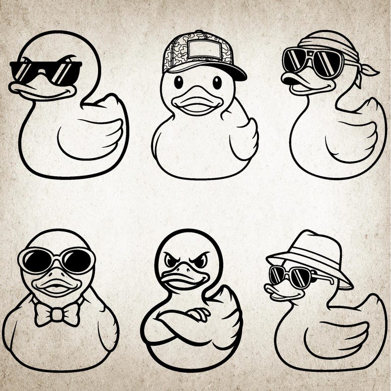 May include: A line drawing of six rubber ducks, each with a unique style. One wears sunglasses, another a cap, and a third a bandana. Other ducks are depicted with a bow tie, crossed arms, and a fedora.