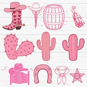 May include: Pink and white western themed clipart illustrations including a cowboy hat, a boot, a cactus, a barrel, a horseshoe, a star, a bandana, and a saloon door.