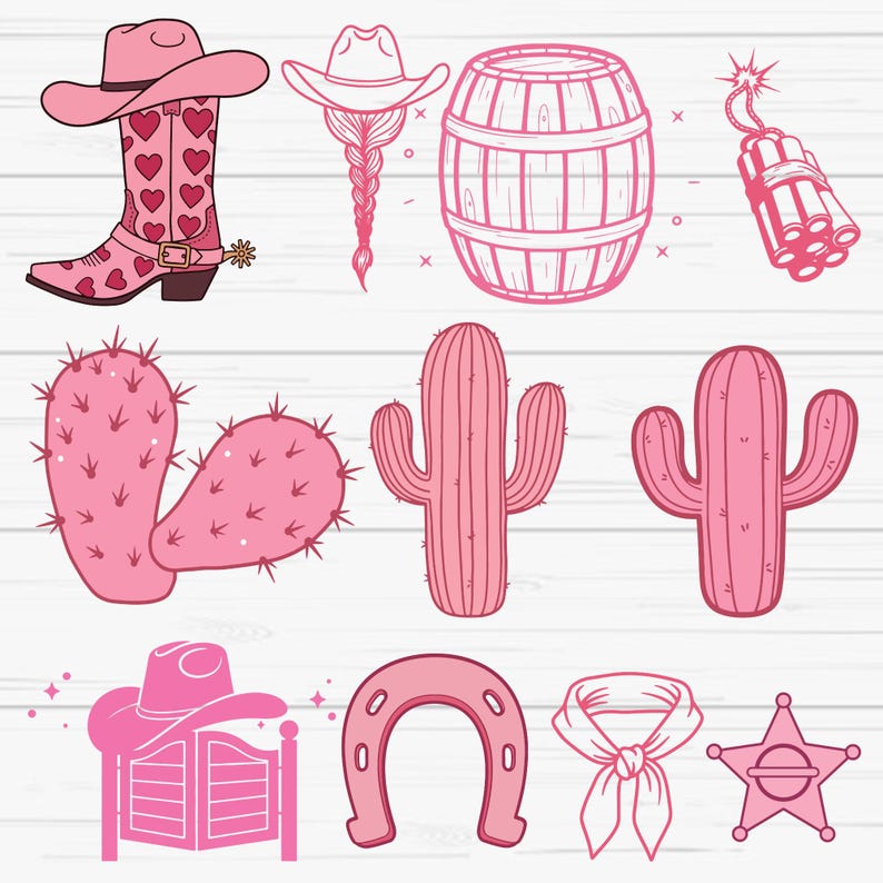 May include: Pink and white western themed clipart illustrations including a cowboy hat, a boot, a cactus, a barrel, a horseshoe, a star, a bandana, and a saloon door.