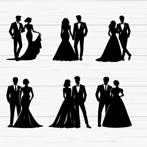 May include: Four black silhouette images of couples in wedding attire. Each image shows a bride and groom standing side-by-side. The brides are wearing long gowns and the grooms are wearing suits.