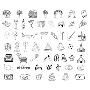 Puede incluir: Un conjunto de ilustraciones dibujadas a mano en blanco y negro de artículos relacionados con la boda, que incluyen una iglesia, un pastel, anillos, flores, copas de champán, un automóvil, un micrófono, un cupcake, una guitarra, un vestido de novia, un esmoquin, un rollo, una caja de regalo, un gorro de fiesta, una estrella, un globo, una máscara, fuegos artificiales, una nota musical, un plato, un tenedor, un cuchillo, una cámara, un corazón, una pancarta y las palabras "Bodas de a &".