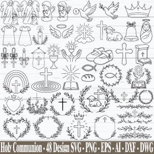 Pode incluir: Ilustrações a preto e branco de símbolos da Sagrada Comunhão, incluindo cruzes, anjos, pombas e um cordeiro. A imagem também inclui uma coroa, um arco-íris e um cálice. O texto na parte inferior diz "Holy Communion - 48 Design SVG - PNG - EPS - AI - DXF - DWG."