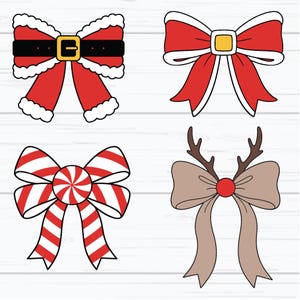 May include: Four Christmas-themed bow designs. One bow resembles Santa's belt, another has a gold buckle, a third is striped like a candy cane, and the last has reindeer antlers and a red center.