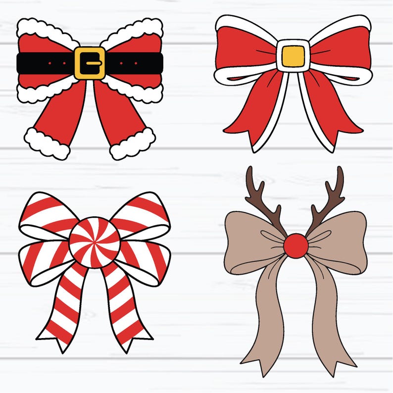 May include: Four Christmas-themed bow designs. One bow resembles Santa's belt, another has a gold buckle, a third is striped like a candy cane, and the last has reindeer antlers and a red center.