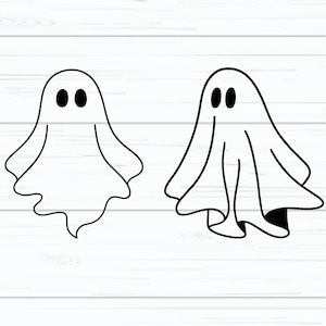 May include: Two cartoon ghosts in a minimalist style. Each ghost is white with a simple outline and two black oval eyes. The ghost on the left has a wavy bottom edge, while the one on the right has a more defined, flowing shape.