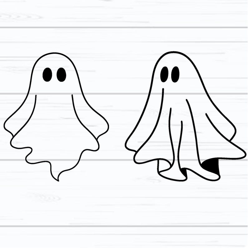 May include: Two cartoon ghosts in a minimalist style. Each ghost is white with a simple outline and two black oval eyes. The ghost on the left has a wavy bottom edge, while the one on the right has a more defined, flowing shape.