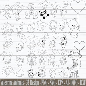 May include: A collection of black and white line drawings of animals, each holding heart-shaped balloons. Animals include a squirrel, panda, fox, and bear. The word "Love" is on a balloon. Text at the bottom reads "Valentine Animals - 32 Design".