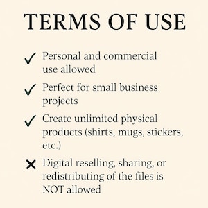 May include: Text on a cream background reads "TERMS OF USE." Bullet points state: personal and commercial use allowed, perfect for small business projects, create unlimited physical products. Digital reselling is not allowed.