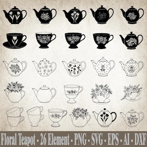 Floral Teapot SVG, Tea Cup SVG, Floral Tea Set SVG Bundle, Vintage Teapot Clipart, Vector, svg files for cricut, Digital Download