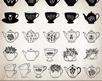 Floral Teapot SVG, Tea Cup SVG, Floral Tea Set SVG Bundle, Vintage Teapot Clipart, Vector, svg files for cricut, Digital Download