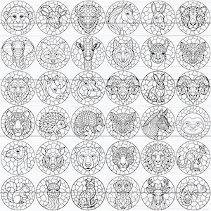May include: Black and white line art illustrations of various animals, including a monkey, giraffe, and lion, each within a circular, stained-glass-like design. The collection features a diverse range of wildlife, suitable for coloring or decorative purposes.