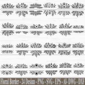 Puede incluir: Una colección de 24 diseños de bordes florales en blanco y negro. Cada diseño presenta una línea horizontal con arreglos florales y de hojas arriba y abajo. El texto "Floral Border - 24 Design - PNG - SVG - EPS - AI - DWG - DXF" está en la parte inferior.