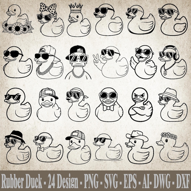 May include: A set of 24 black and white rubber duck designs, each with a unique style. The ducks are shown wearing sunglasses, hats, and other accessories. The text "Rubber Duck - 24 Design" is displayed at the bottom.