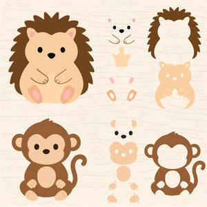 May include: A collection of cartoon animal illustrations, including a hedgehog and a monkey. The hedgehog is brown with a spiky back, and the monkey is brown with a curled tail. Additional animal parts are also shown.