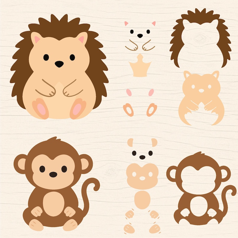 May include: A collection of cartoon animal illustrations, including a hedgehog and a monkey. The hedgehog is brown with a spiky back, and the monkey is brown with a curled tail. Additional animal parts are also shown.