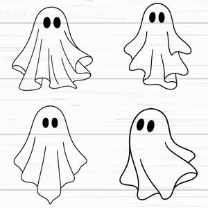 May include: Four cartoon ghost illustrations in black and white. Each ghost has a simple, draped sheet design with two oval eyes. The ghosts are arranged on a white, wood-grain background, perfect for Halloween-themed crafts or decorations.