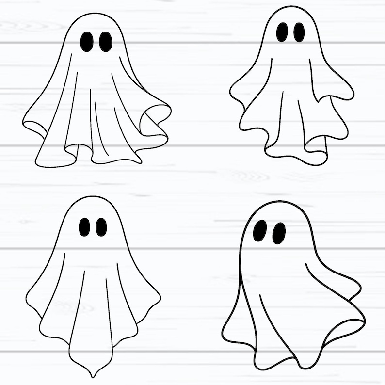 May include: Four cartoon ghost illustrations in black and white. Each ghost has a simple, draped sheet design with two oval eyes. The ghosts are arranged on a white, wood-grain background, perfect for Halloween-themed crafts or decorations.