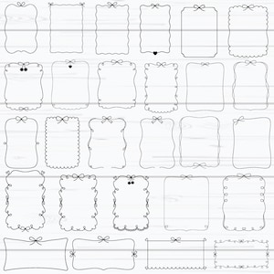 May include: A selection of black line art frames with diverse decorative features, such as bows, hearts, and scalloped edges. The frames are set against a white wood-grain backdrop, providing a range of shapes and styles for creative applications.