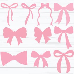 May include: Nine pink bow illustrations in different styles, set against a white, wood-grain background. The bows vary in size and design, some with long, flowing ribbons. Ideal for crafting or design projects.