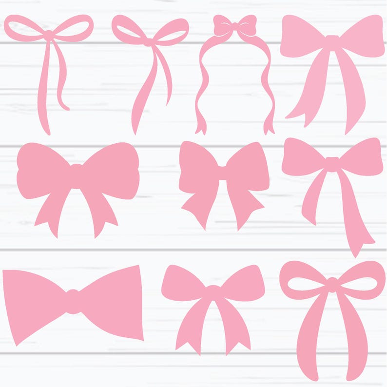 May include: Nine pink bow illustrations in different styles, set against a white, wood-grain background. The bows vary in size and design, some with long, flowing ribbons. Ideal for crafting or design projects.