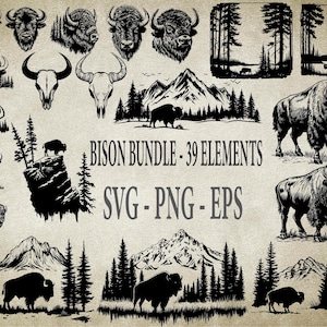 Bison svg bundle, American buffalo svg, Forest bison silhouette, Calf svg, Forest nature scene svg, Mountain clipart, Digital download