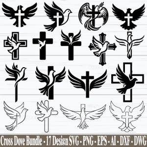 May include: A digital collection of seventeen black and white graphic designs featuring various artistic combinations of Christian crosses and doves in flight. The set includes silhouettes and line art illustrations of birds with wings spread.