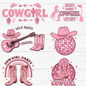 May include: Pink and white cowgirl themed illustrations with text that says "Cowgirl", "Wild Boots", "Cowgirl Party", "Busy Doing Cowgirl Stuff", and "Cowgirl".