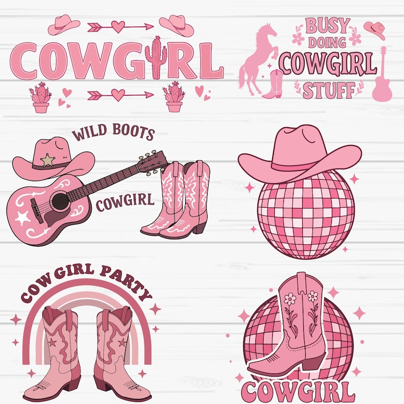 May include: Pink and white cowgirl themed illustrations with text that says "Cowgirl", "Wild Boots", "Cowgirl Party", "Busy Doing Cowgirl Stuff", and "Cowgirl".